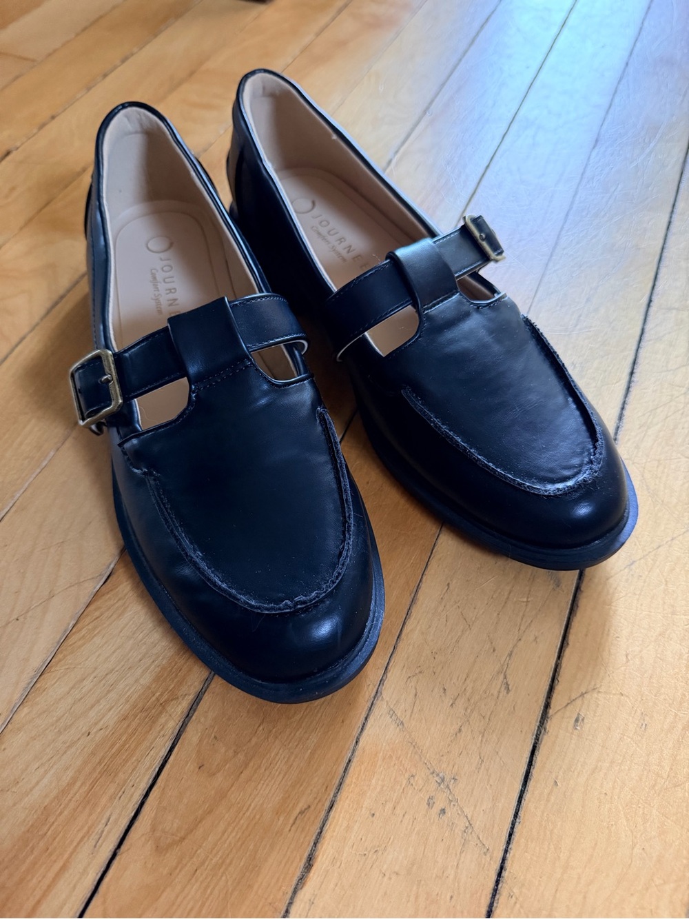 Journee Collection Black Leather Buckle Strap Loafers